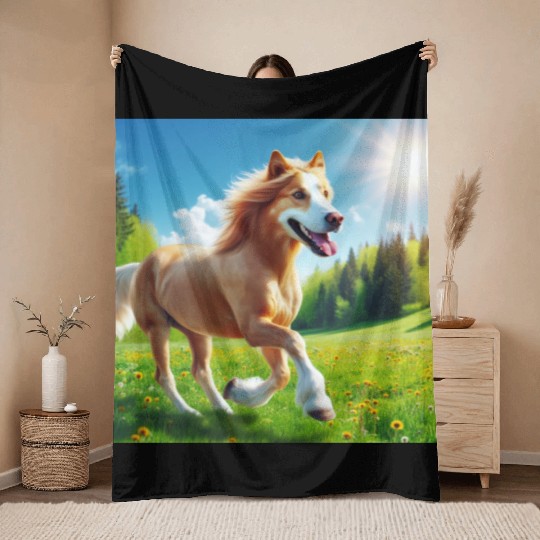 The golden retriever-horse Throw Blankets