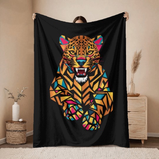 Colorful Geometric Jaguar Illustration Throw Blankets