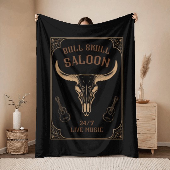 Country Music Western Bull Skull Saloon Throw Blankets