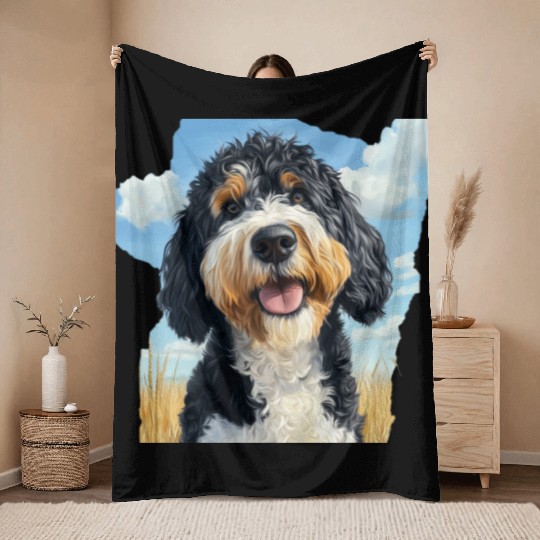 Bernedoodle Field Nature Bernedoodle Watercolor Throw Blankets