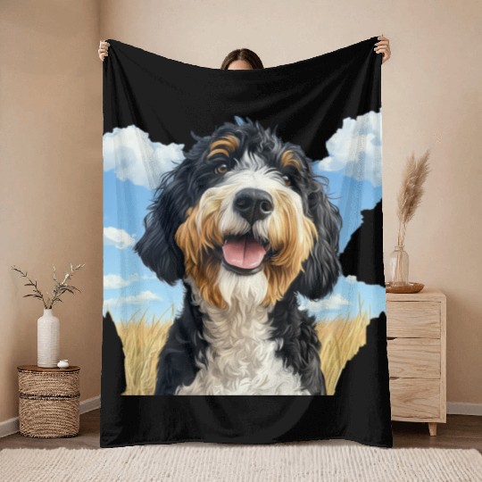 Bernedoodle Field Nature Bernedoodle Watercolor 2 Throw Blankets