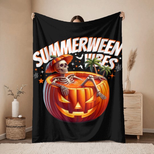 funny Summerween Vibes Skeleton Pumpkin Summer Vac Throw Blankets