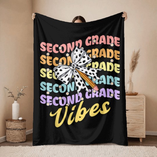 Second 2nd Grade Vibes Teacher Coquette Bow Dalmat Throw Blankets