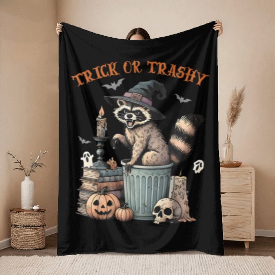 Trick Or Trashy Funny Raccon Halloween Throw Blankets