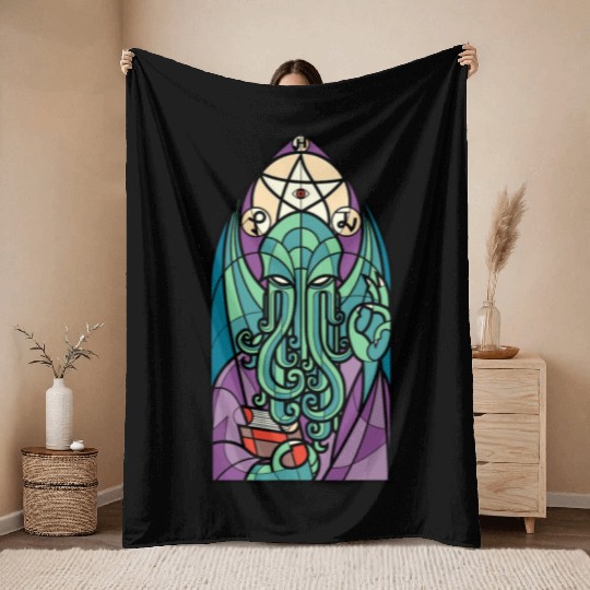 Cthulhu Church Stained Glass Cosmic Horror Funny Throw Blankets