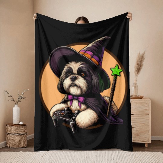 Shih Tzu dog as Wizard and loves Gaming Throw Blankets
