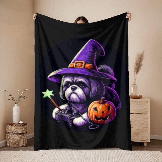 Dog lovers and gamers love fantasy Halloween Throw Blankets