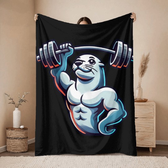 Seal with Barbell Fitness Gym Training Throw Blankets