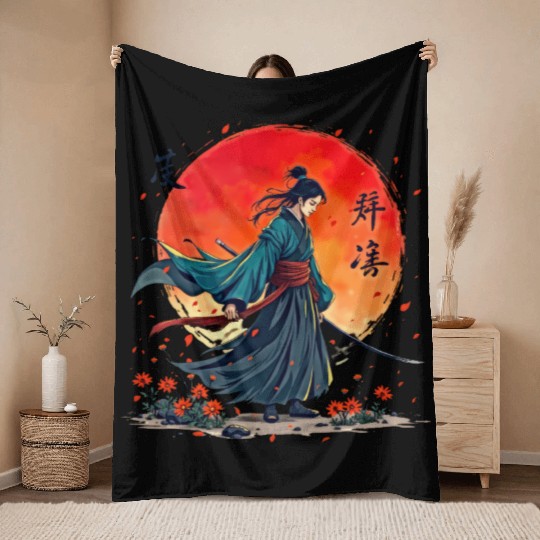 Samurai Warrior Embraces Spirits Throw Blankets