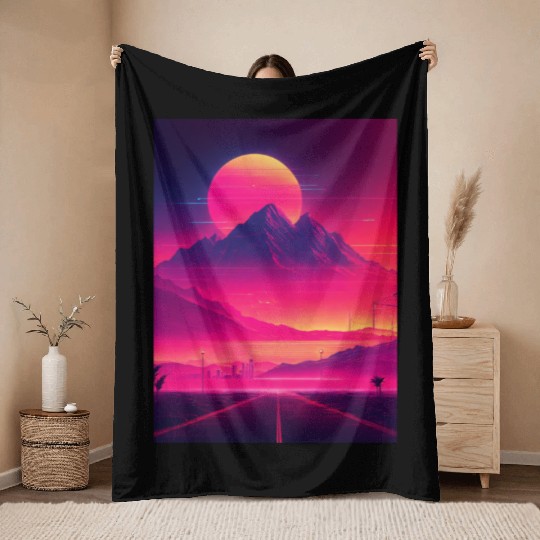 Neon Horizon: A Synthwave Journey Throw Blankets
