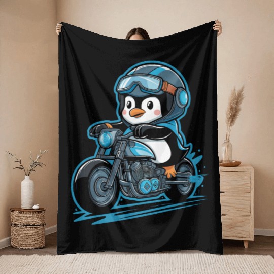 Penguin Riding Motorcycle With Goggles On Throw Blankets