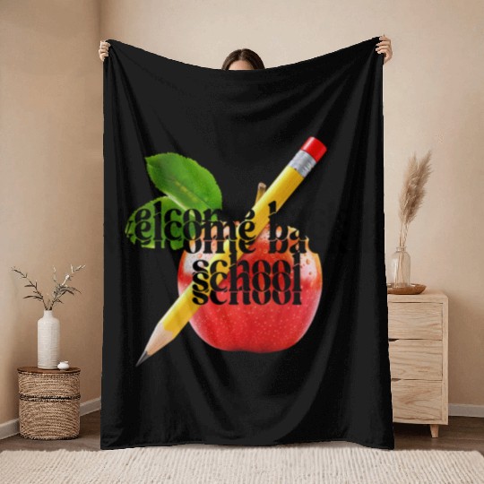 "Welcome Back to School - Red Apple and Yellow Pen Throw Blankets