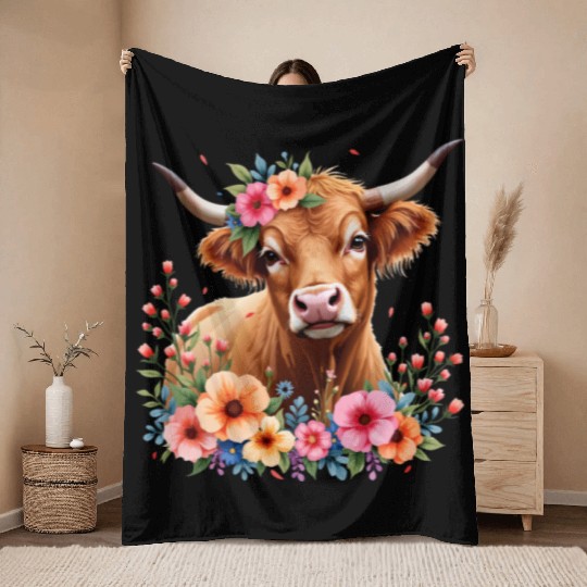 Cute Scottish Highland Cow Floral Throw Blankets