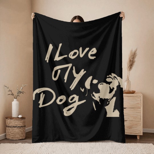 I Love My Dog - Brown Design on Black Throw Blankets