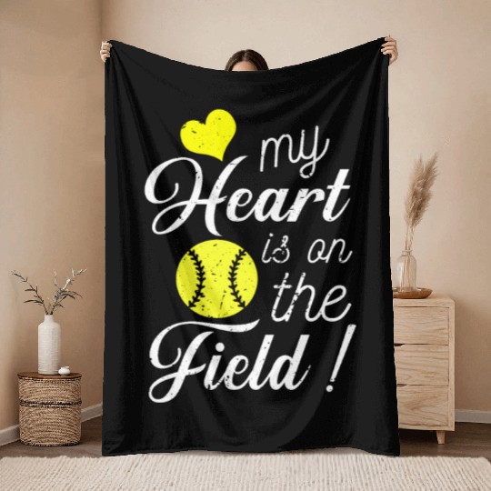 My Heart Softball Mom Funny Mommy Mother's Day Throw Blankets