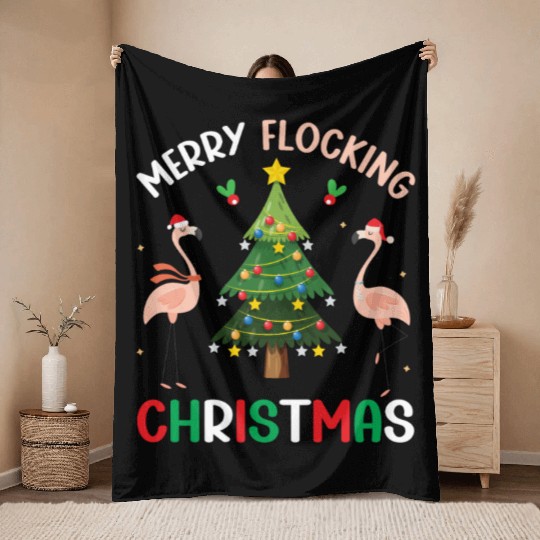 Flamingo Noel Hats Dancing On Snow Merry Flocking Throw Blankets