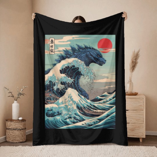 Kaiju Monster Japanese Great Wave Anime Graphic Throw Blankets