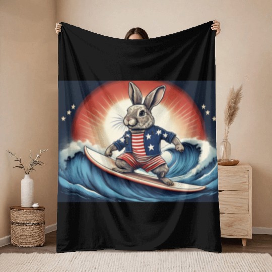 Stars & Stripes Surfer Bunny Throw Blankets