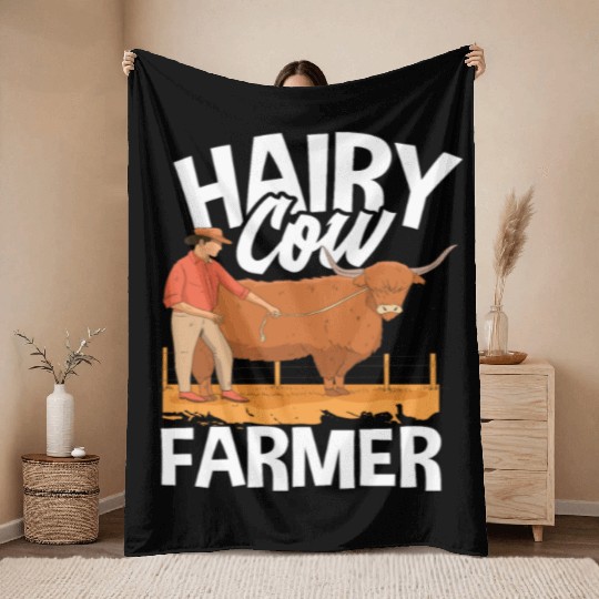 Hairy Cow Farmer Highland Cow Throw Blankets