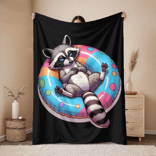 A relaxed raccoon on a swimming ring Throw Blankets