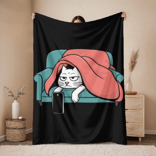 Bored Cat on Couch With Smart Phone Throw Blankets