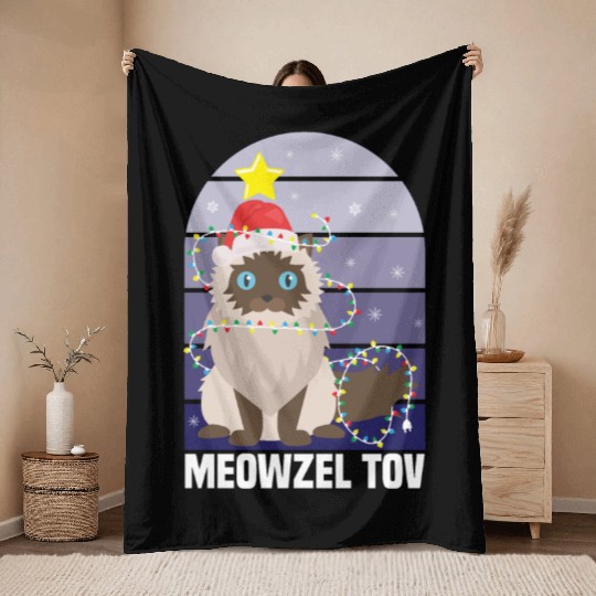 Meowzel Tov Hanukkah Black Cat Christmas Lights Throw Blankets
