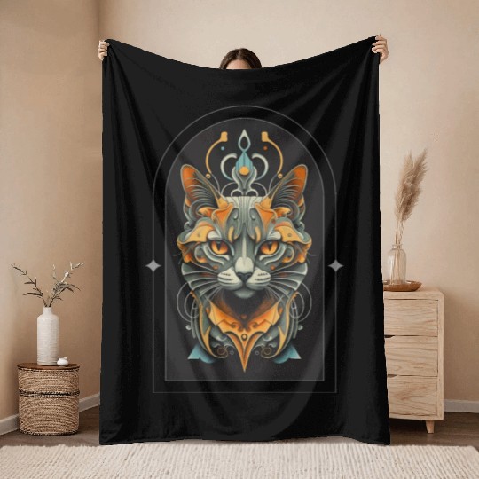 Elegant stylish black and gold cat face Throw Blankets
