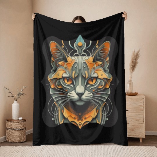 Elegant stylish black and gold cat face Throw Blankets