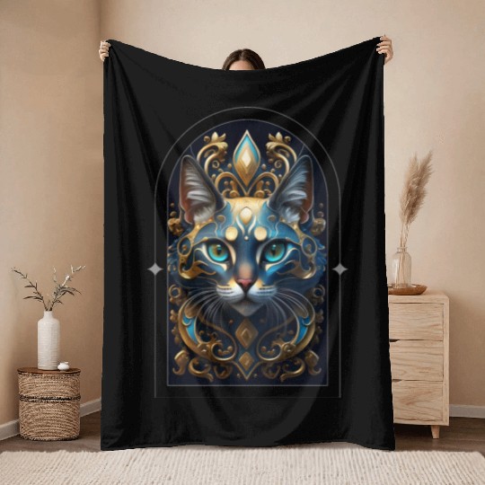 Elegant stylish blue and gold cat face Throw Blankets