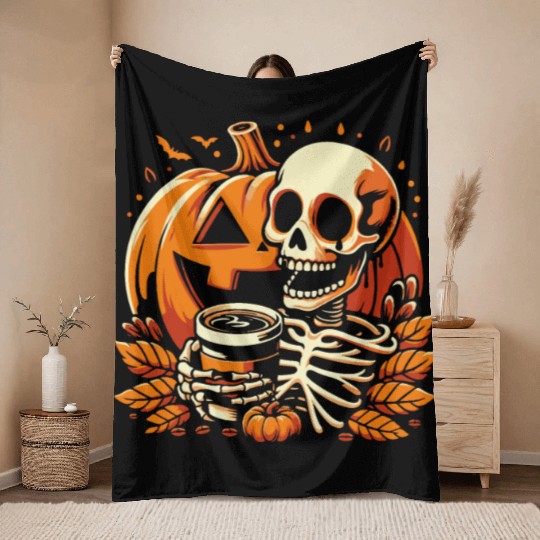 Coffee Drinking Skeleton Pumpkin Halloween Costume Throw Blankets