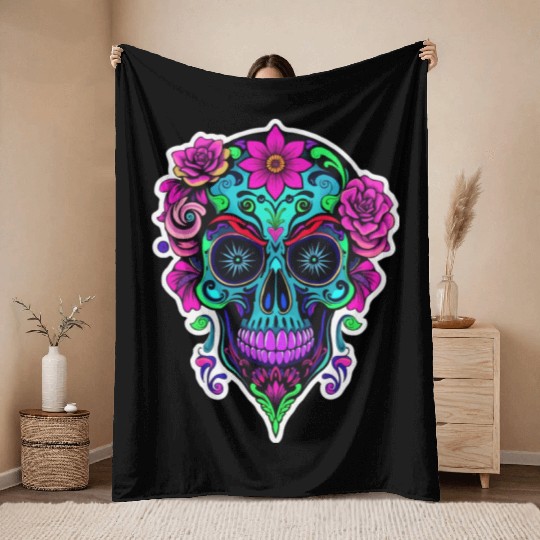 A vibrant and abstract sugar skull Calavera Throw Blankets