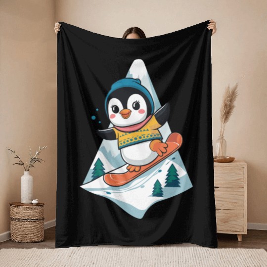 Cute Snowboarding Penguin Adventure Throw Blankets