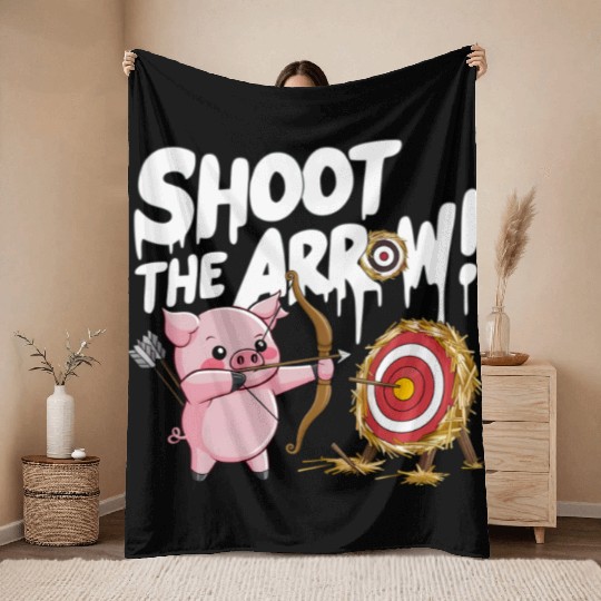 A pink piglet aiming a bow an arrow Throw Blankets