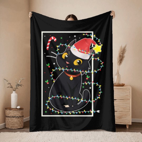 Black Cat Christmas Tree Lights Holiday Cats Lover Throw Blankets