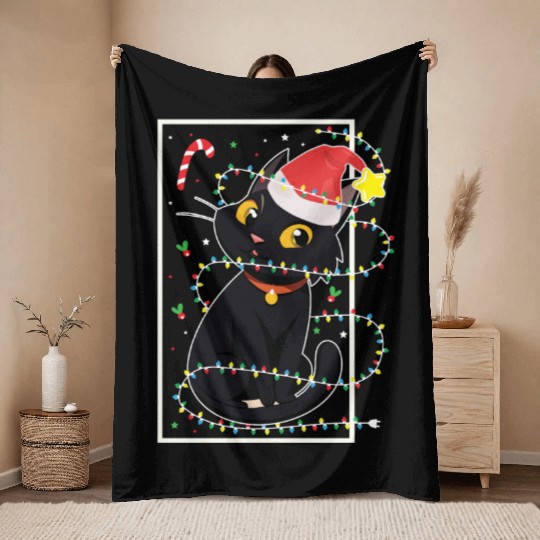Black Cat Christmas Tree Lights Holiday Cats Lover Throw Blankets