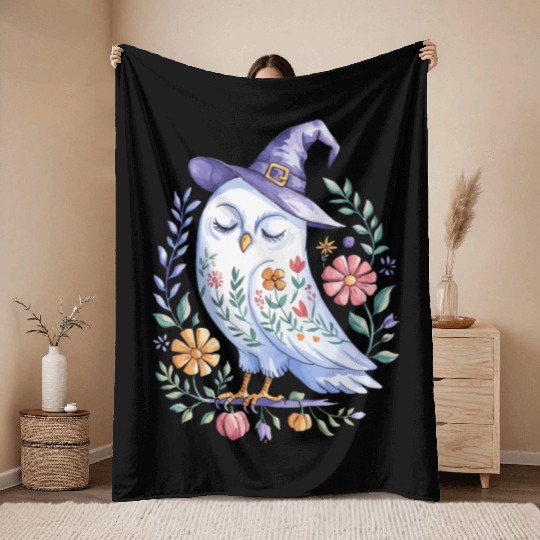Halloween Owl with Floral Witch Hat Throw Blankets