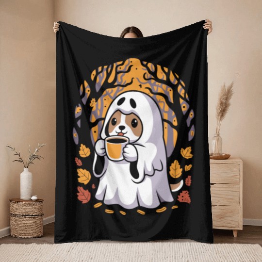Cute Ghost Dog Sipping Coffee Halloween Throw Blankets