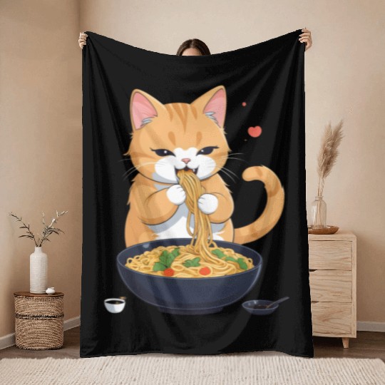 Funny Kawaii Cat Eating Ramen Noodles Japanese Throw Blankets