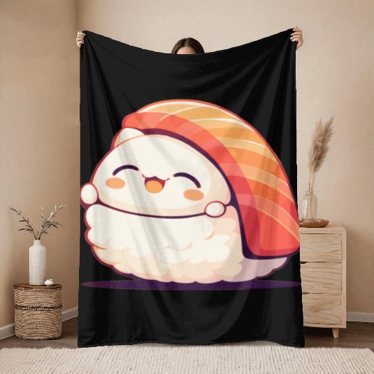 Kawaii White Cat Salmon Nigiri Sushi Throw Blankets