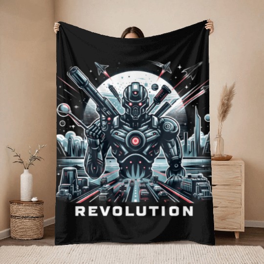 Futuristic Robot In A Sci-Fi Landscape Throw Blankets