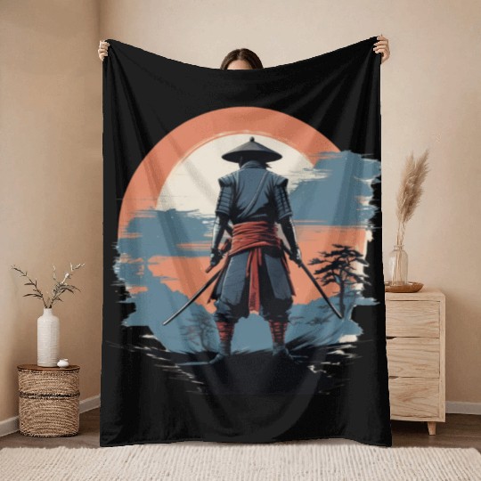 Retro Samurai Throw Blankets