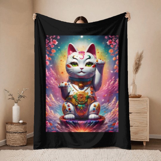 Maneki neko lucky cat Throw Blankets