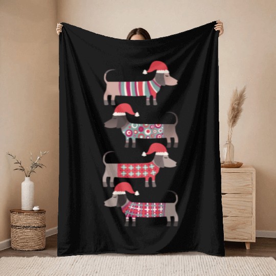 Christmas Dachshund Wiener Dogs in Santa Hats Throw Blankets