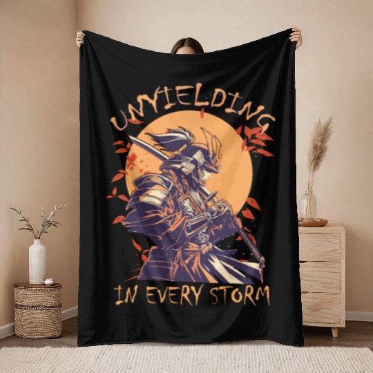 Unyielding In Every Storm Japanese Warrior Samurai Throw Blankets