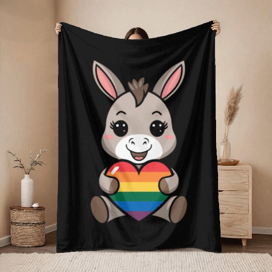 LGTBQ Cute Donkey with Rainbow Heart Throw Blankets