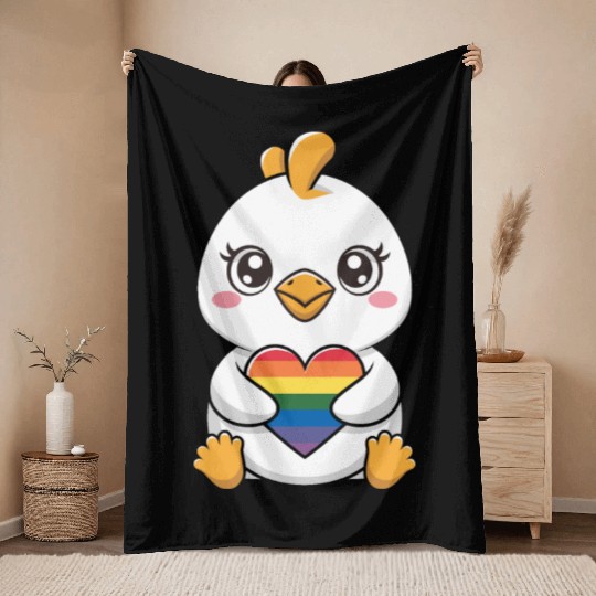 Adorable Chick Holding Rainbow Heart LGTBQ Throw Blankets