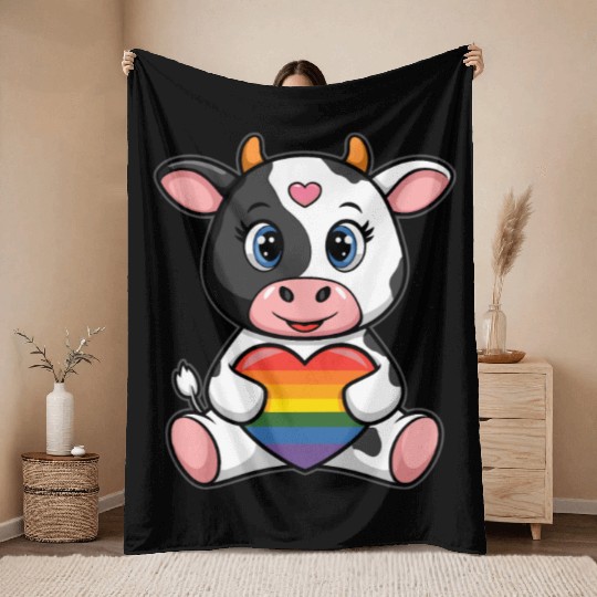 LGTBQ Cow Holding Rainbow Heart Throw Blankets