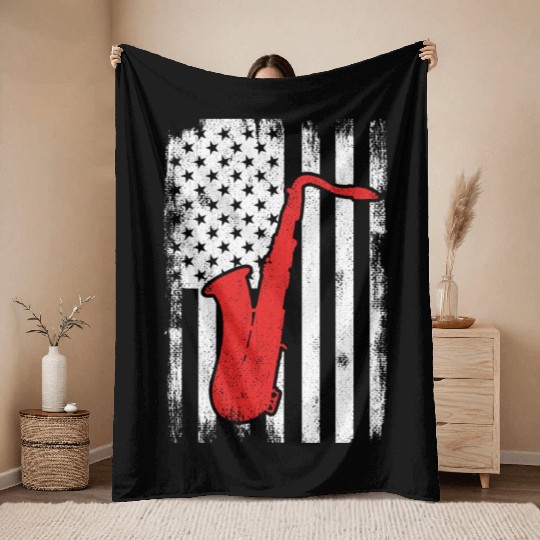 Patriotic US Saxophone Player Throw Blankets
