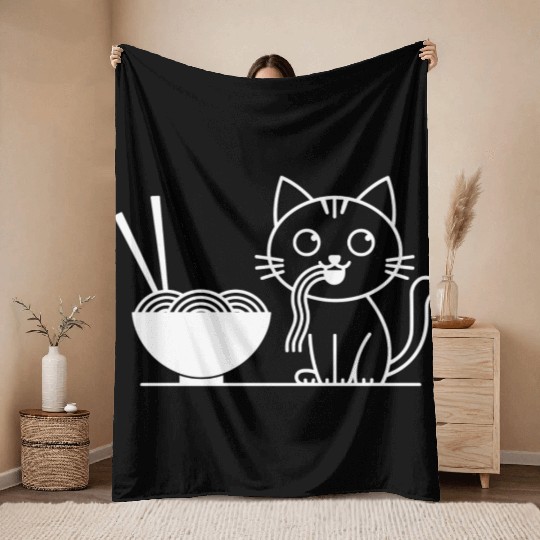 Cute Cat Eating Ramen Kawaii Food Design Throw Blankets