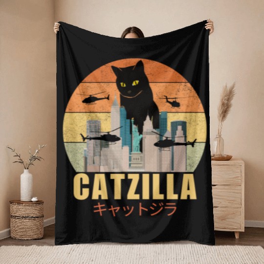 Retro Vintage Catzilla Japanese Cute Cat Lover Throw Blankets
